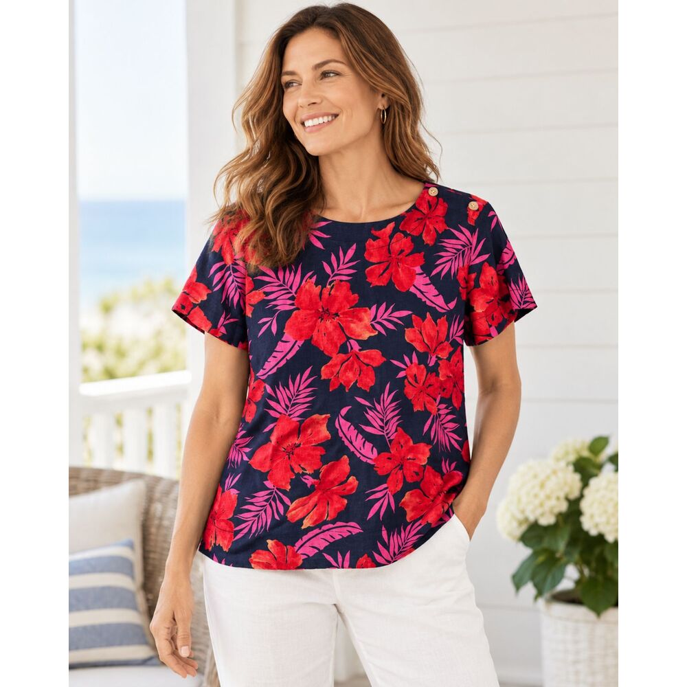 Lands’ End 100% Linen Floral Top S Navy Red Pink Tropical Women’s Short Sleeve
